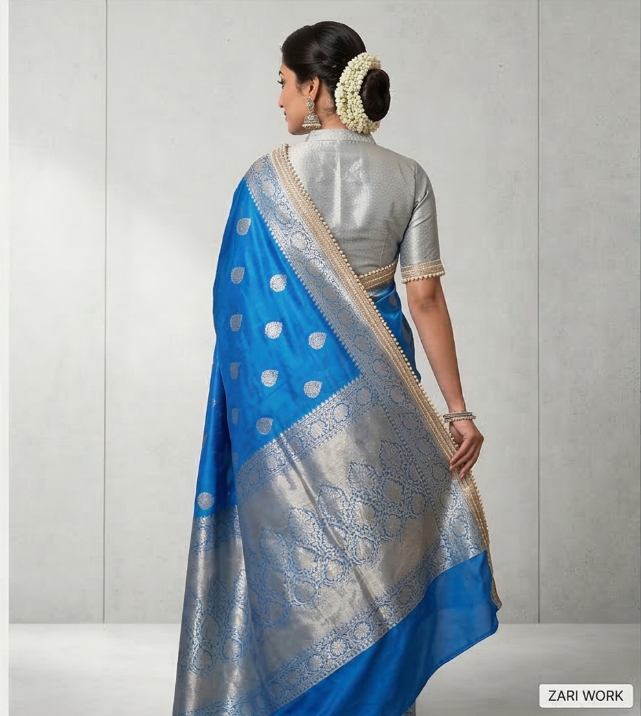 Blue Color Banarasi Tissue Silk Saree With Lace Work Alna Apparels