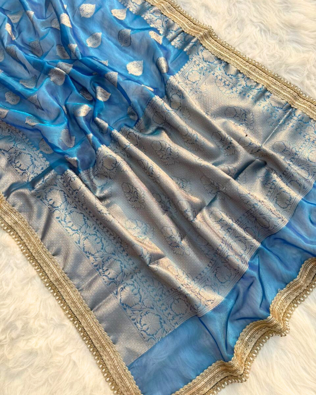 Blue Color Banarasi Tissue Silk Saree With Lace Work Alna Apparels