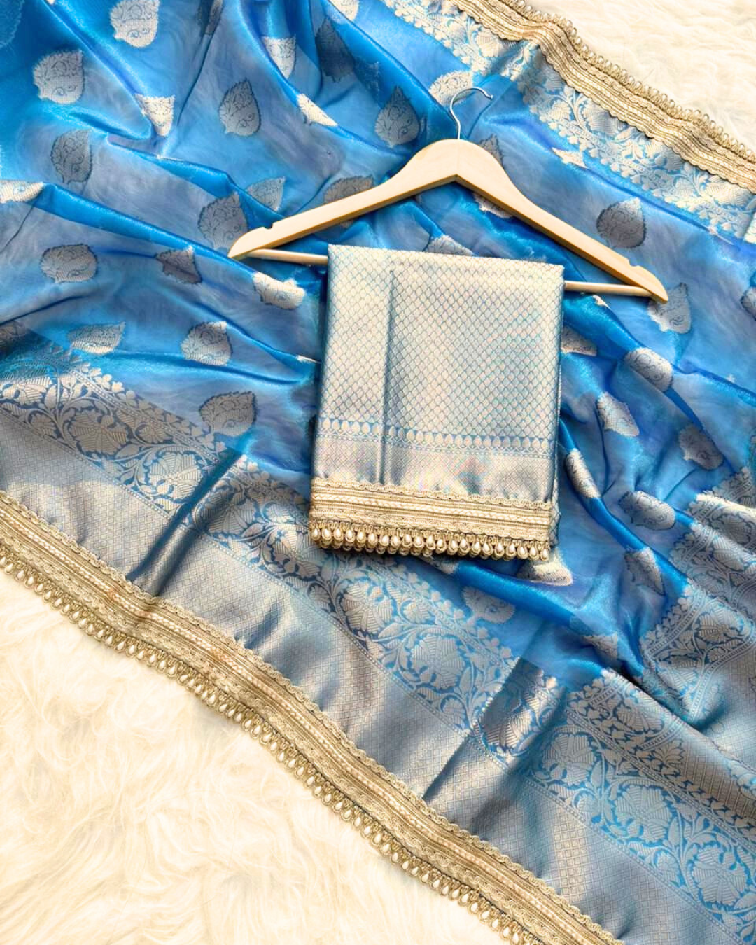 Blue Color Banarasi Tissue Silk Saree With Lace Work Alna Apparels