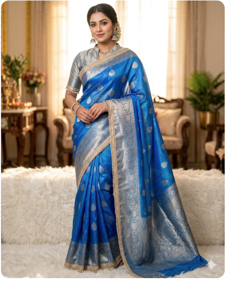 Blue Color Banarasi Tissue Silk Saree With Lace Work Alna Apparels