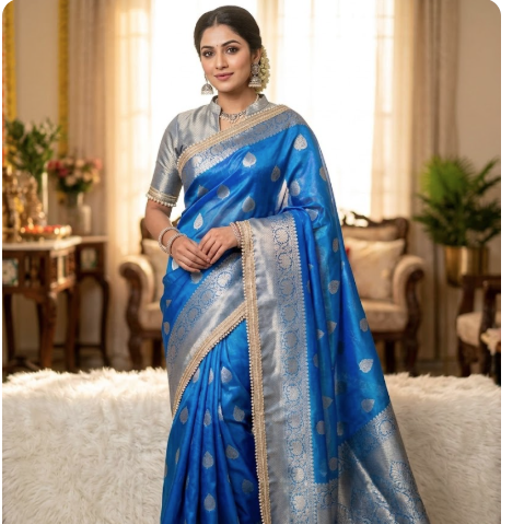 Blue Color Banarasi Tissue Silk Saree With Lace Work Alna Apparels