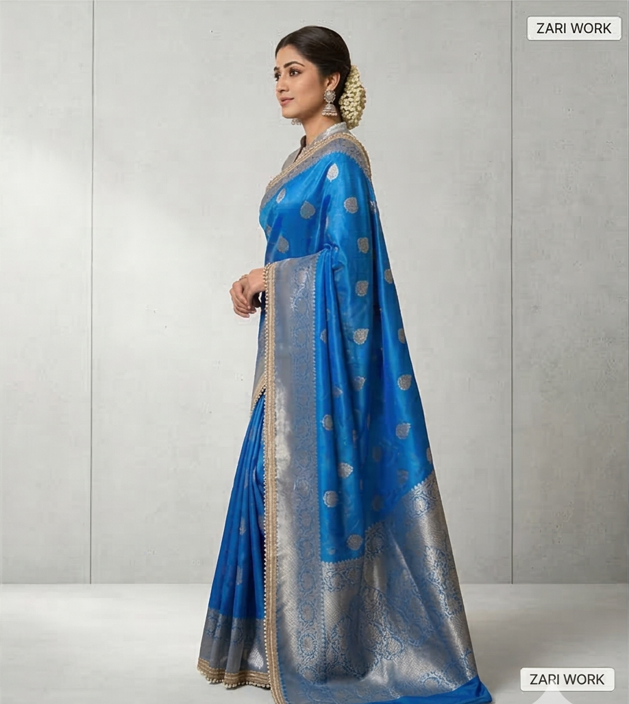 Blue Color Banarasi Tissue Silk Saree With Lace Work Alna Apparels