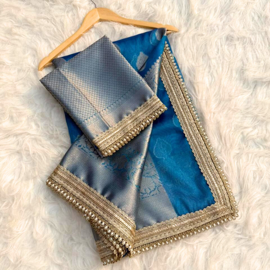 Blue Color Banarasi Tissue Silk Saree With Lace Work Alna Apparels