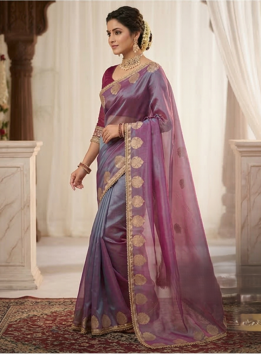 Blue Color Banarasi Tissue Silk Saree With Lace Work Alna Apparels