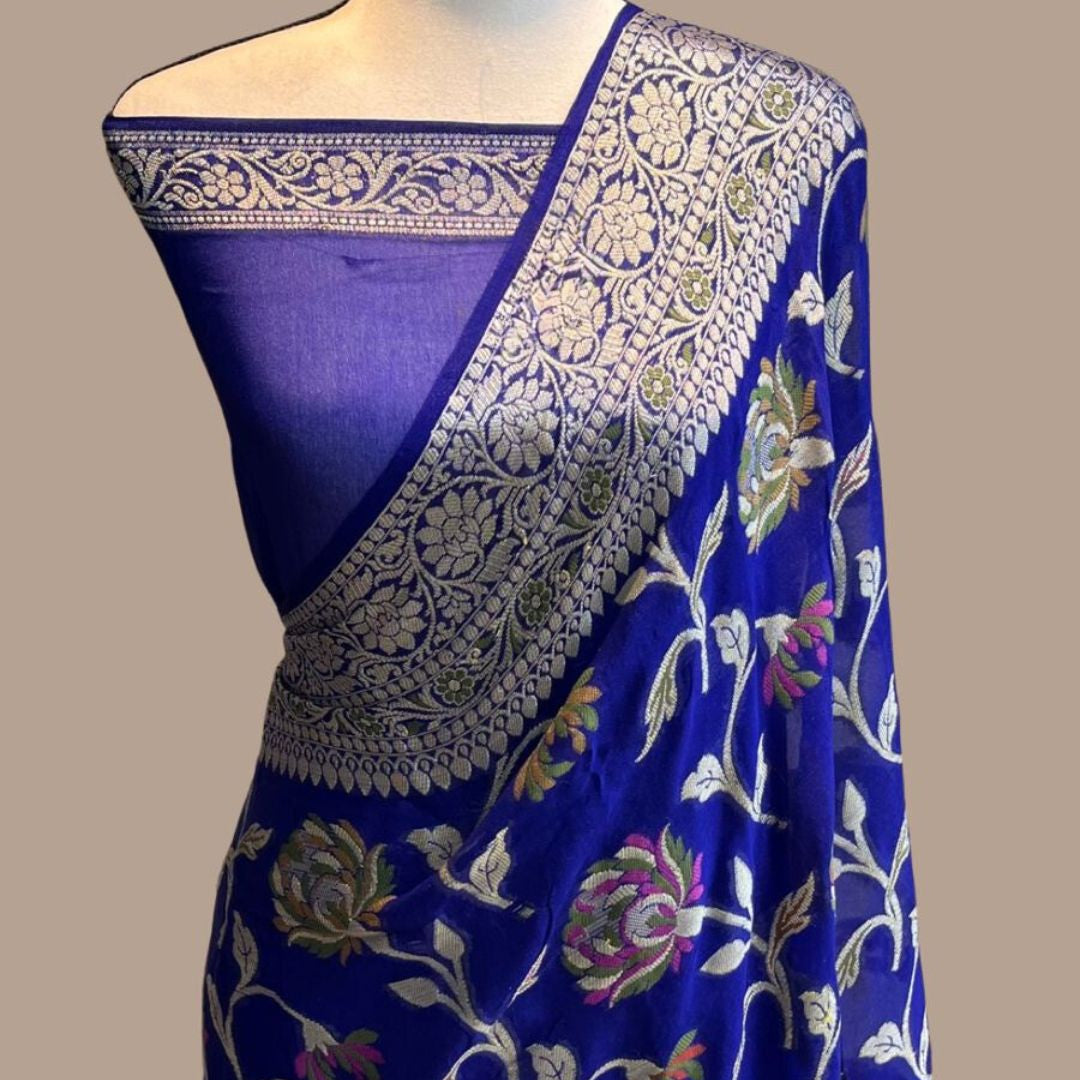 Blue Meenakari work Banarasi Silk Saree - Alna Apparels