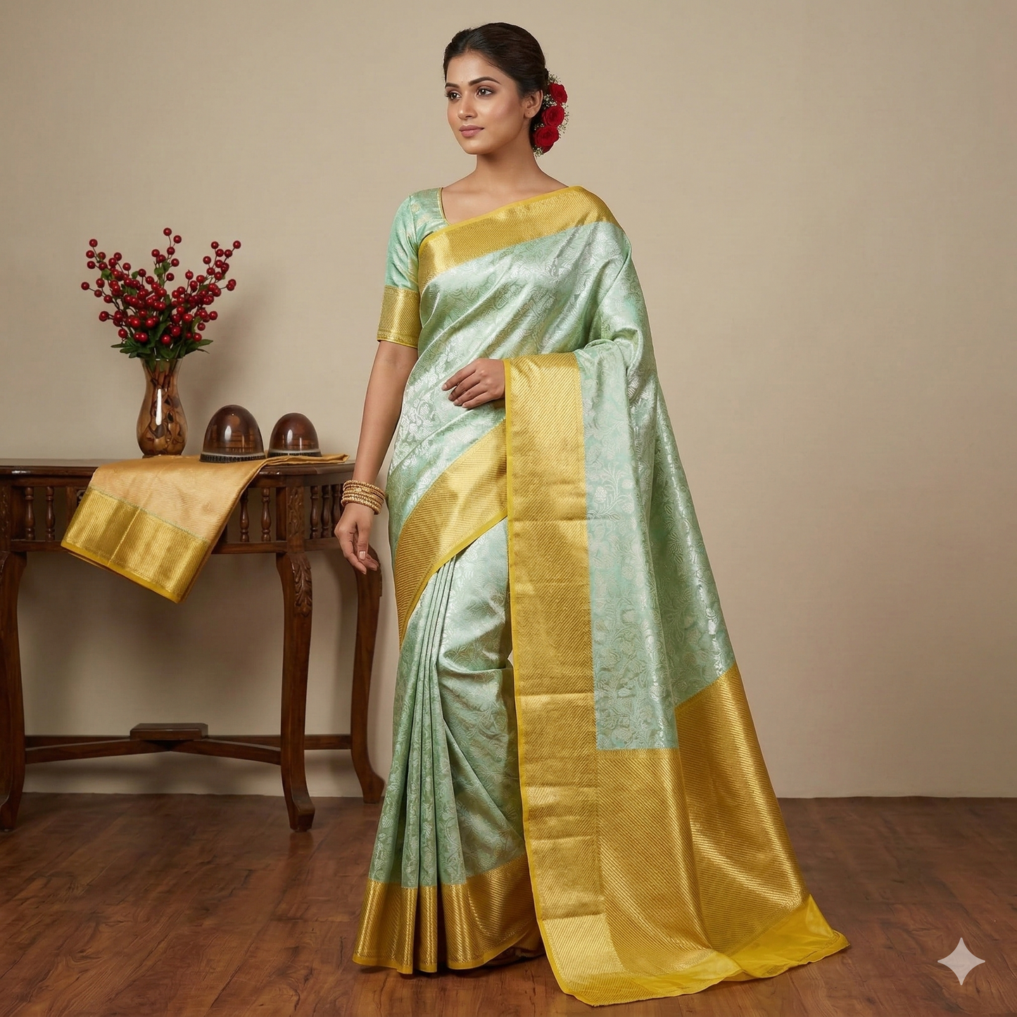 Bluish Gold Color Banarasi Tissue Silk Saree Alna Apparels