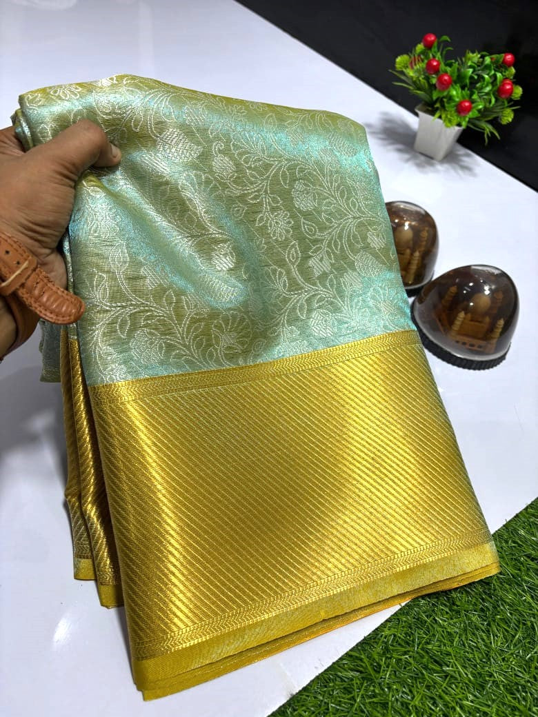 Bluish Gold Color Banarasi Tissue Silk Saree - Alna Apparels