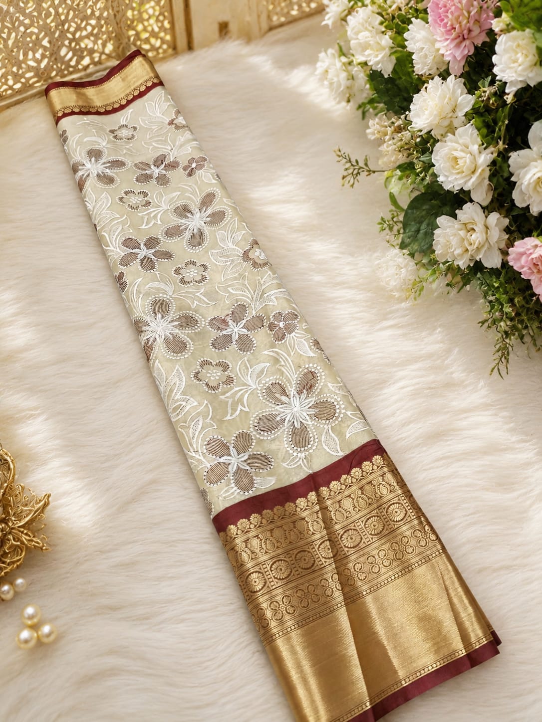 Brown Banarasi Semi Silk Saree With Beautiful Embroidery Work Alna Apparels