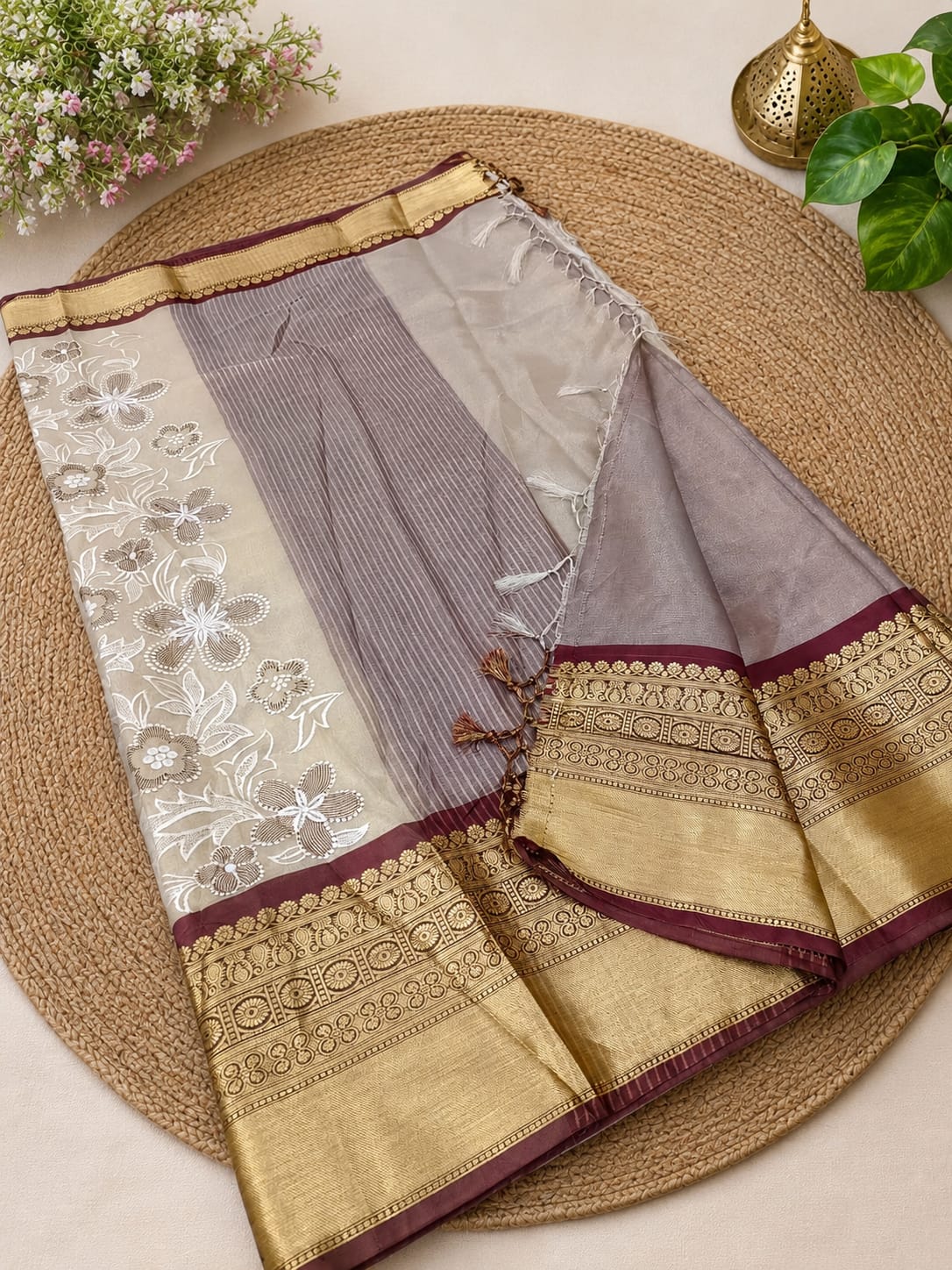Brown Banarasi Semi Silk Saree With Beautiful Embroidery Work Alna Apparels