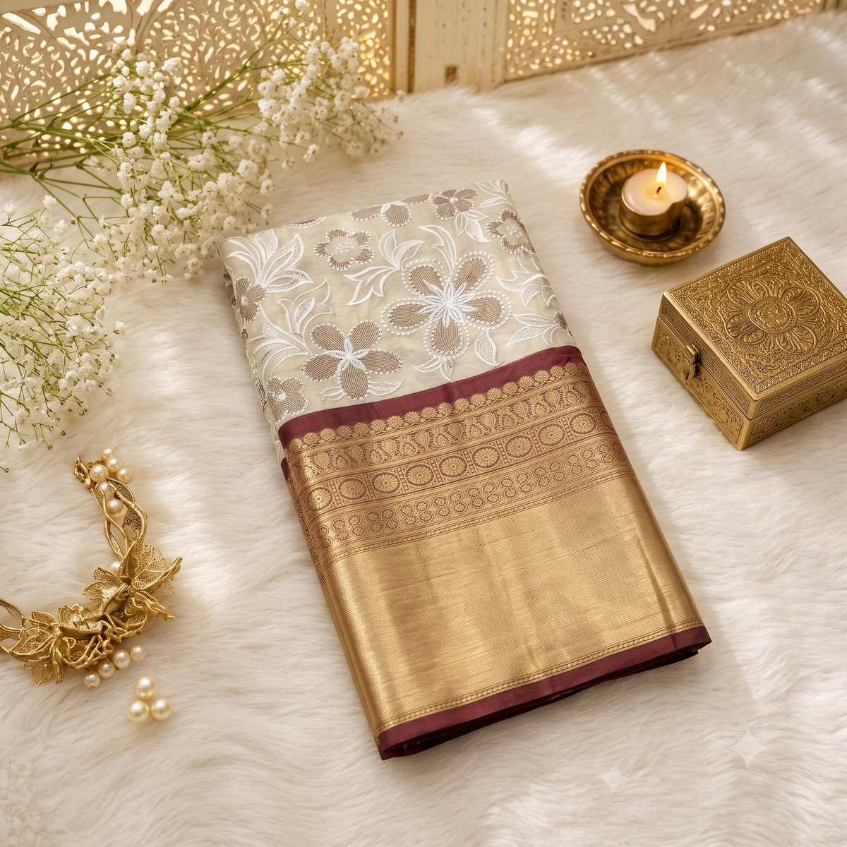 Brown Banarasi Semi Silk Saree With Beautiful Embroidery Work Alna Apparels