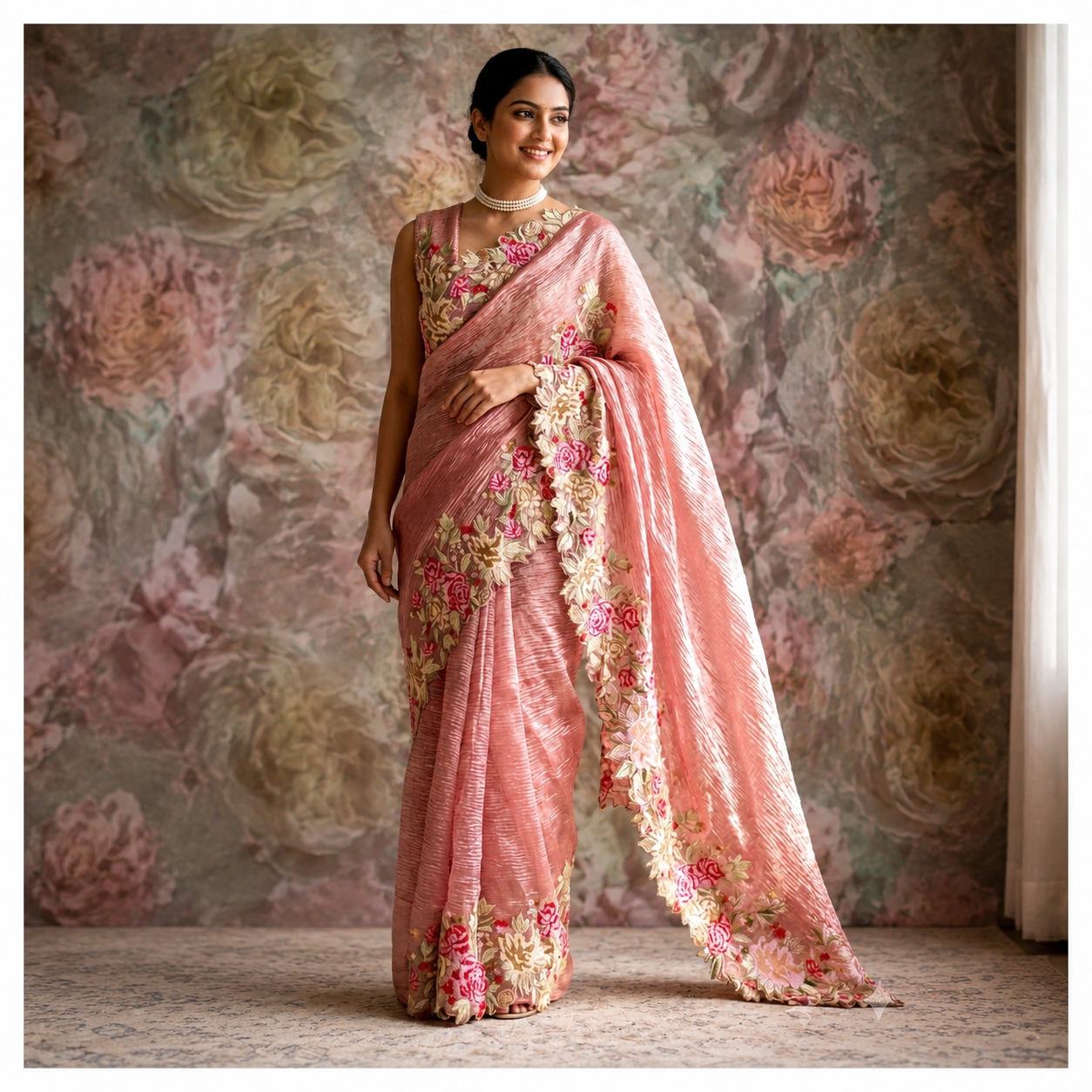 Pink Banarasi Crush Tissue Embroidery Cutwork Saree Alna Apparels