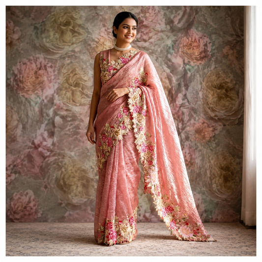 Pink Banarasi Crush Tissue Embroidery Cutwork Saree Alna Apparels