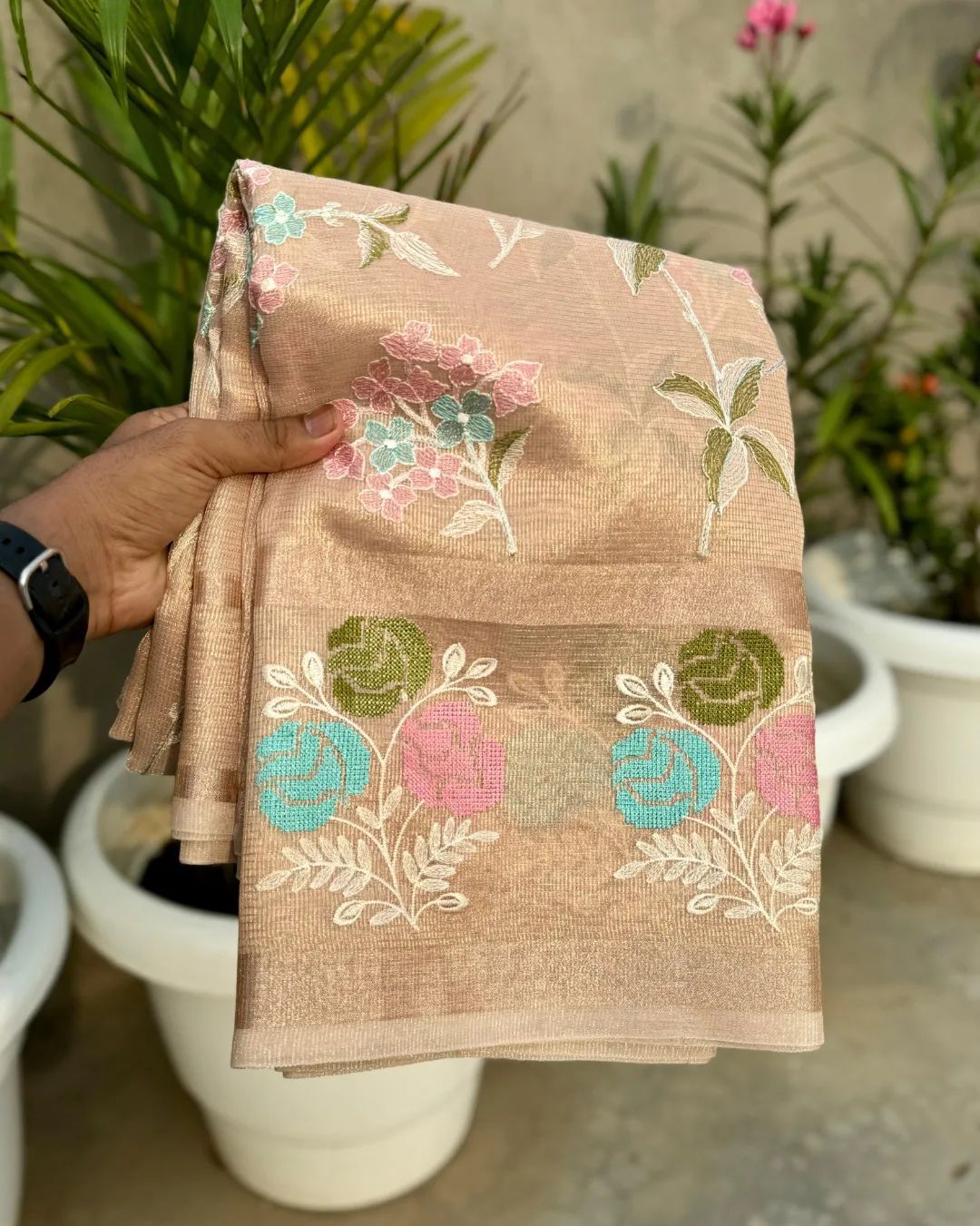 Cream Color Banarasi Embroidery Tissue Silk Saree - Alna Apparels