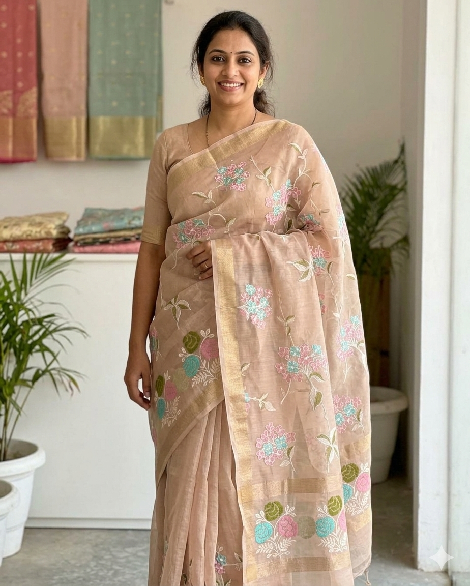 Cream Color Banarasi Embroidery Tissue Silk Saree Alna Apparels