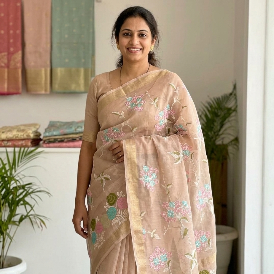 Cream Color Banarasi Embroidery Tissue Silk Saree Alna Apparels