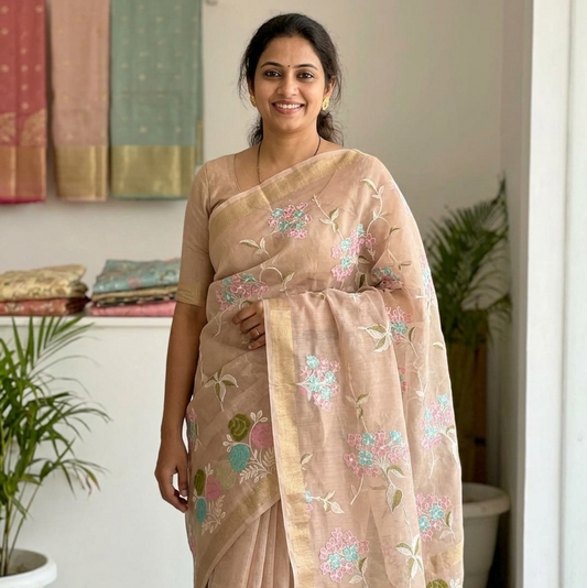 Cream Color Banarasi Embroidery Tissue Silk Saree Alna Apparels