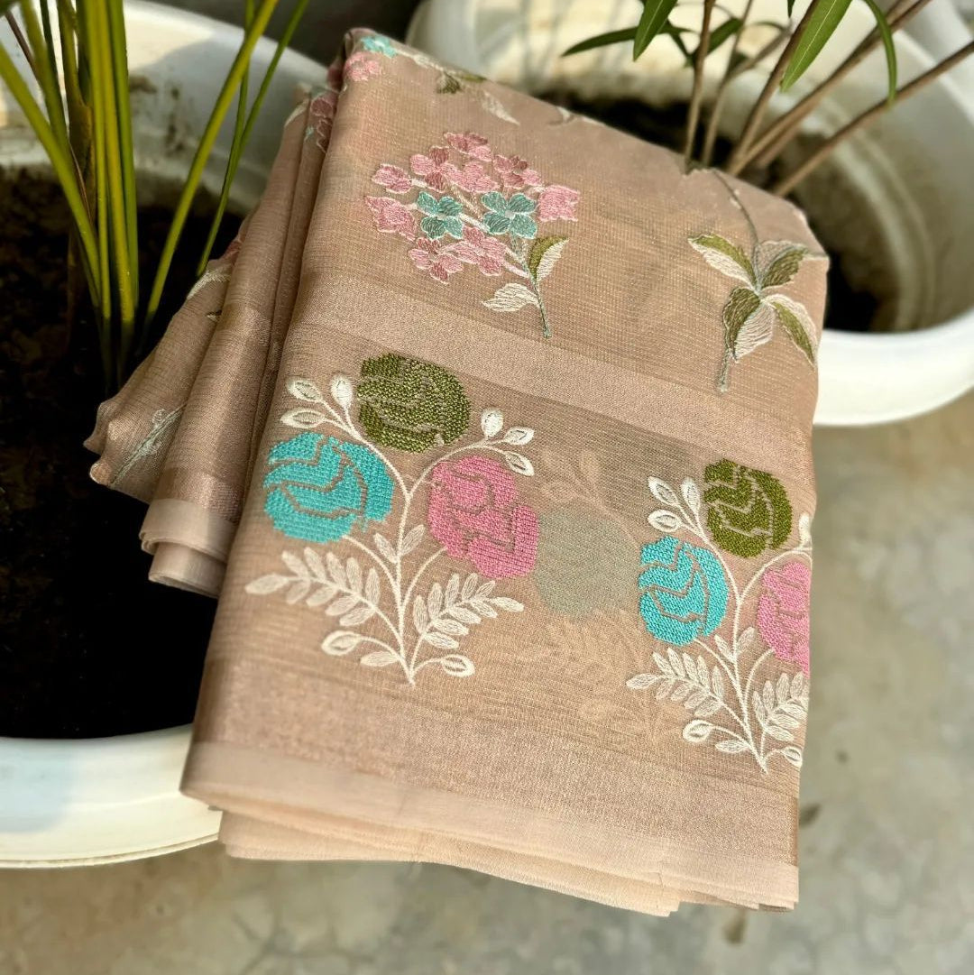 Cream Color Banarasi Embroidery Tissue Silk Saree - Alna Apparels