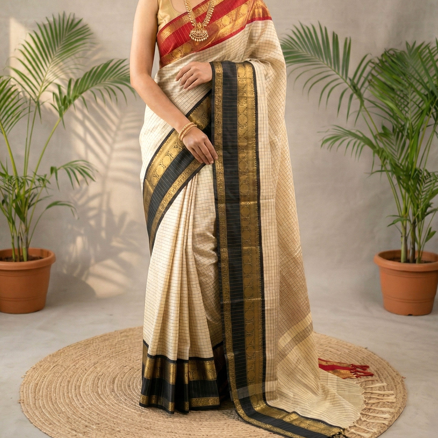 Cream Color Banarasi Ganga Jamuna Soft Silk Saree Alna Apparels
