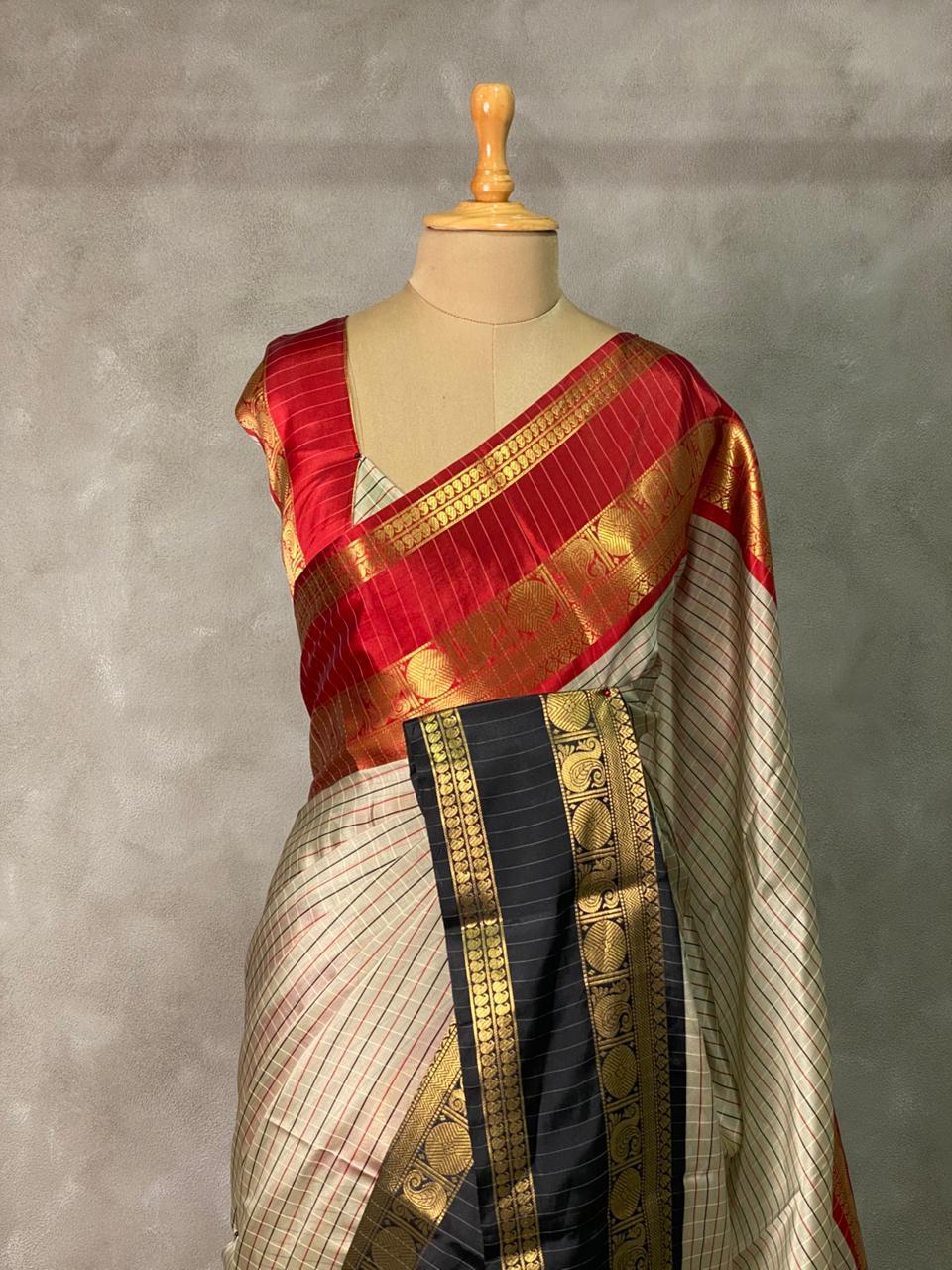 Cream Color Banarasi Ganga Jamuna Soft Silk Saree Alna Apparels