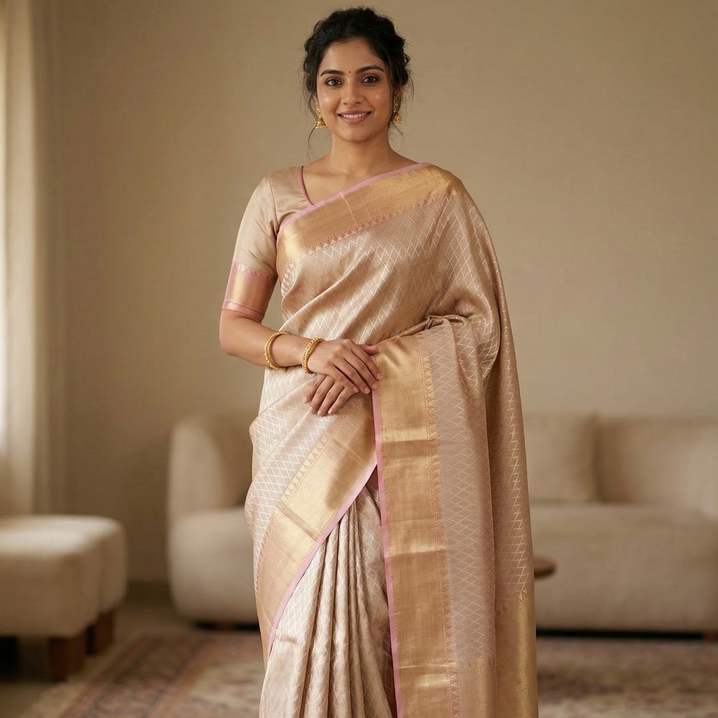Deepika Padukone inspired Gold Banarasi Tissue Silk Saree Alna Apparels