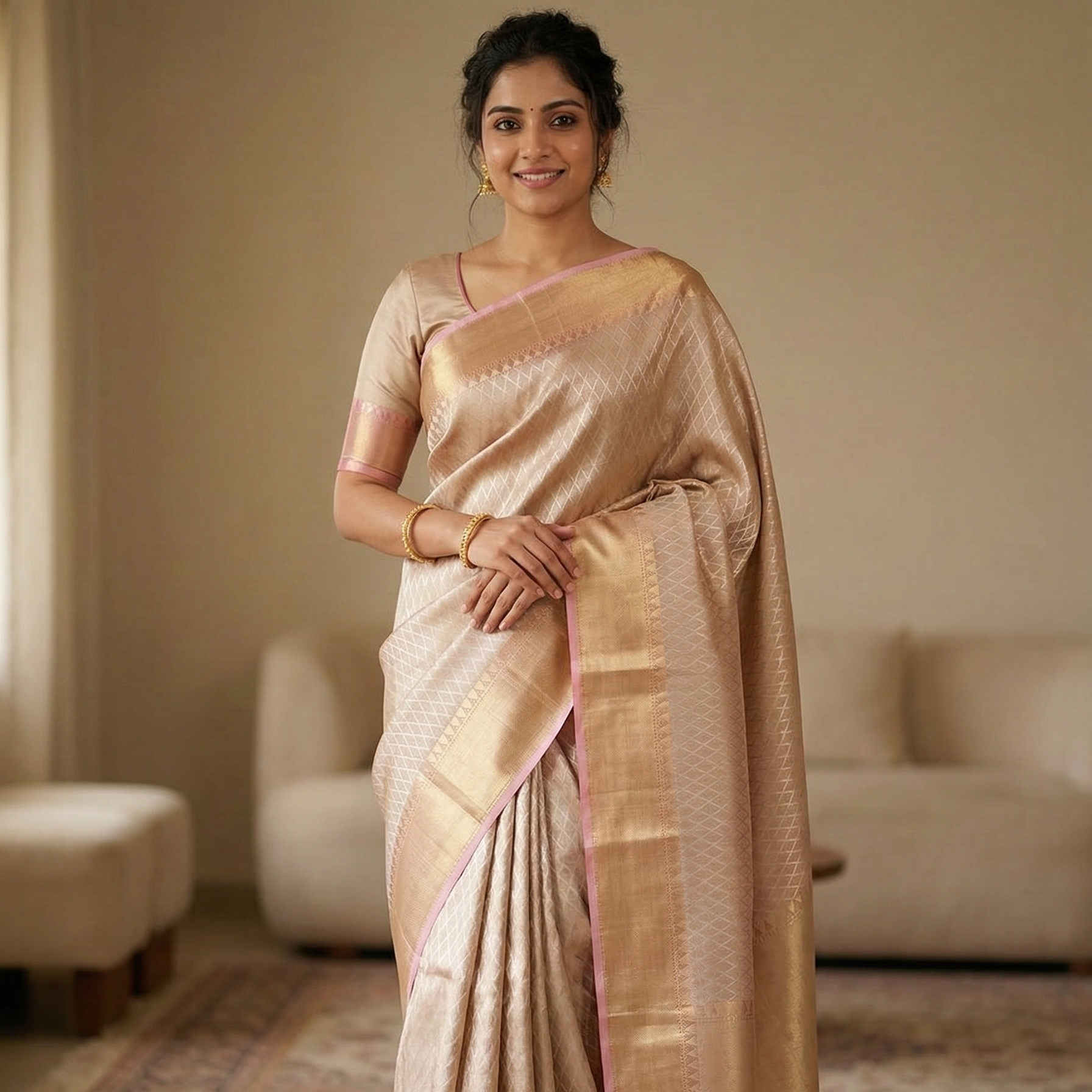 Deepika Padukone inspired Gold Banarasi Tissue Silk Saree Alna Apparels
