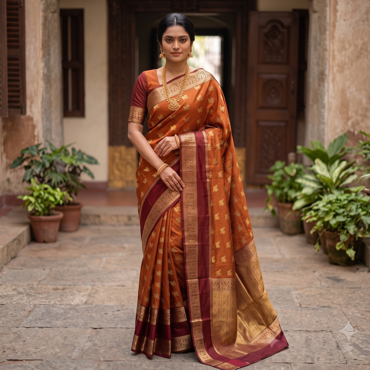 Dusty Orange Banarasi Semi Kathan Silk Saree Alna Apparels