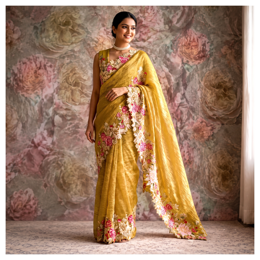 Gold Banarasi Crush Tissue Embroidery Cutwork Saree Alna Apparels
