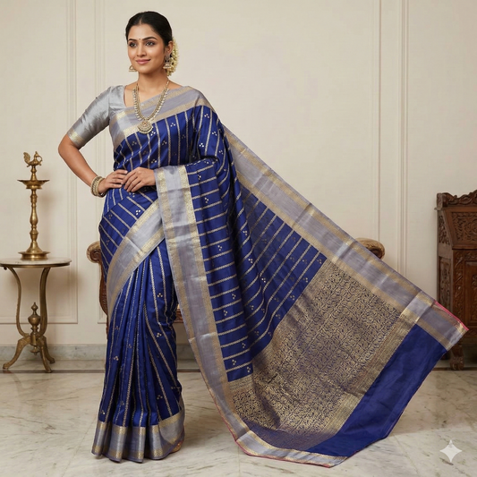 Navy Blue Banarasi Soft Silk Saree Alna Apparels