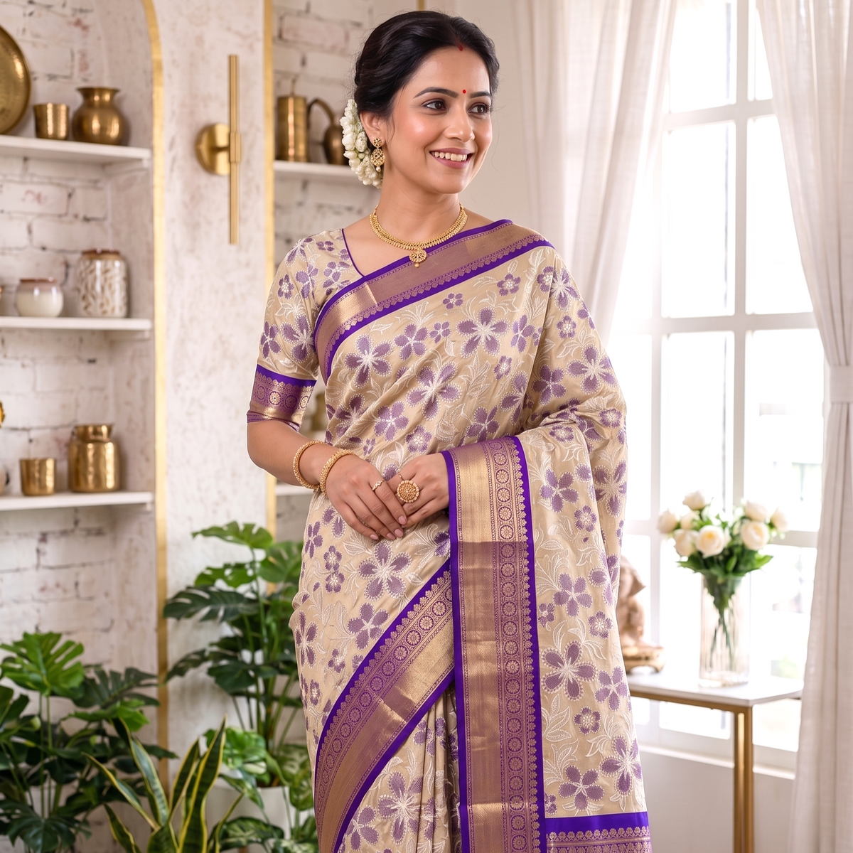 Purple Banarasi Semi Silk Saree With Beautiful Embroidery Work Alna Apparels