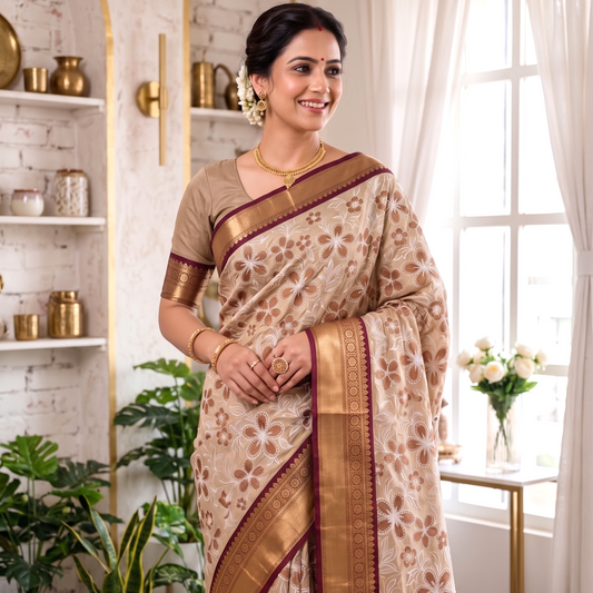 Brown Banarasi Semi Silk Saree With Beautiful Embroidery Work Alna Apparels