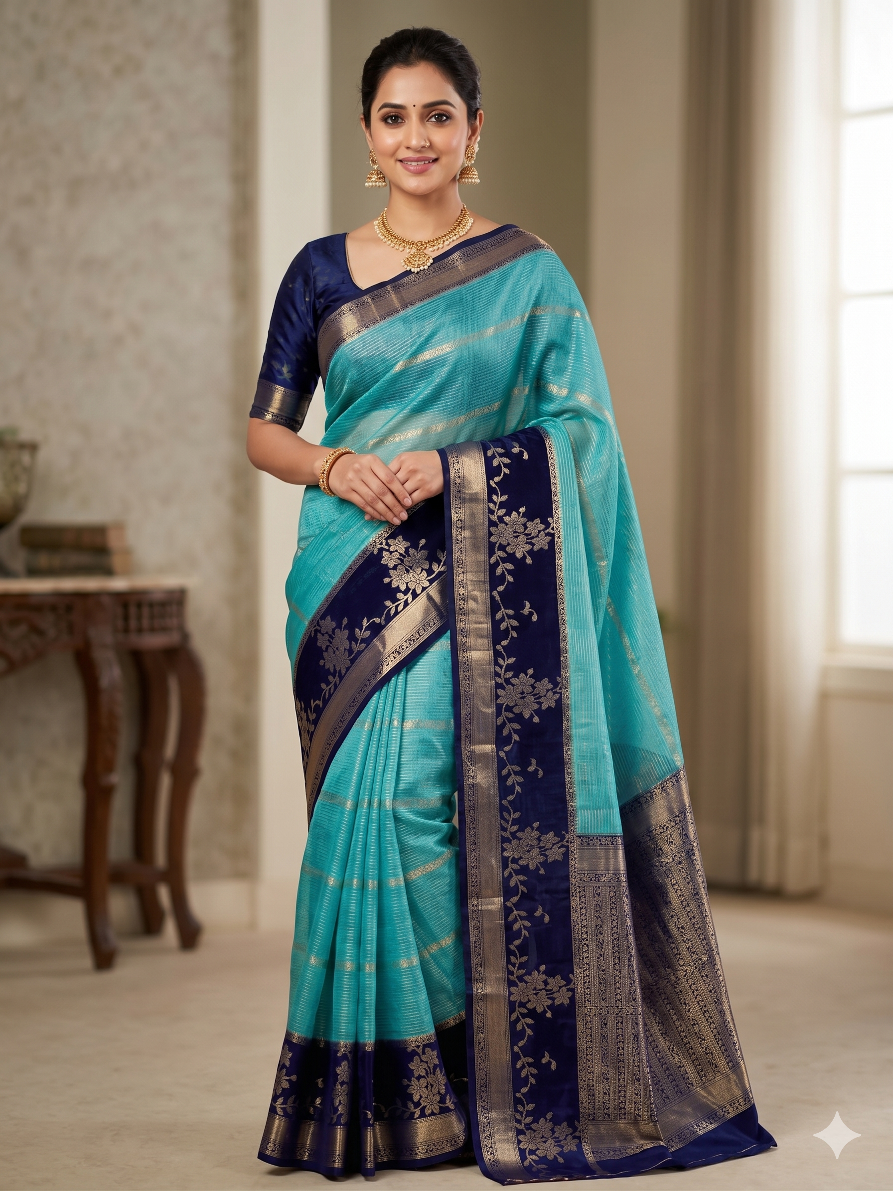 Light Blue Color Banarasi Kathan Silk Saree Alna Apparels