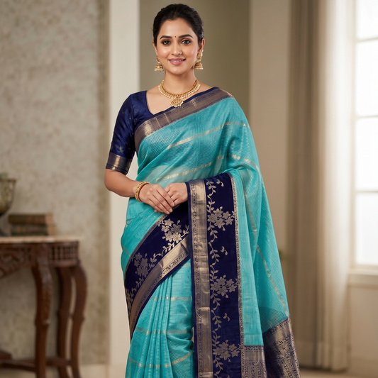 Light Blue Color Banarasi Kathan Silk Saree Alna Apparels