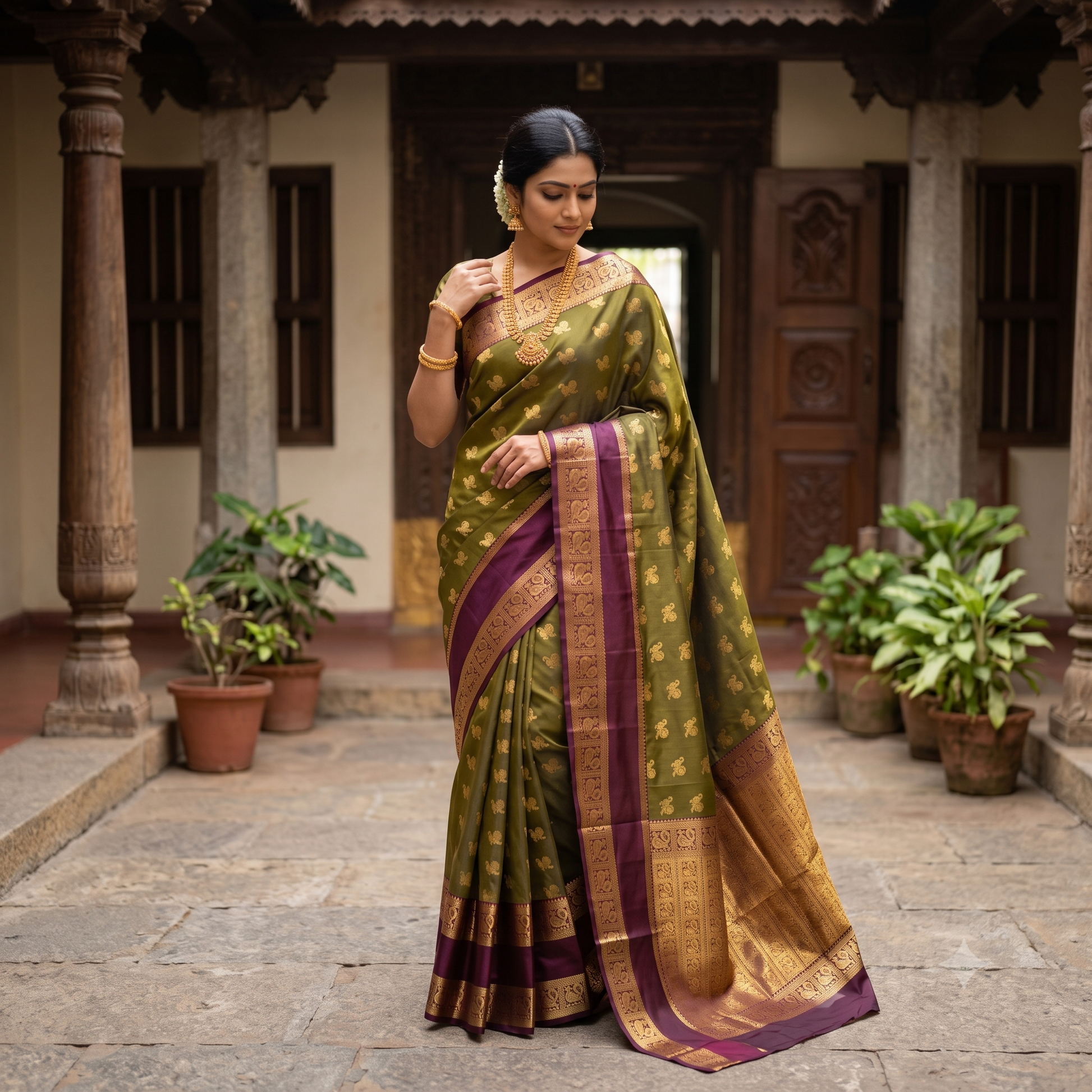 Olive green Banarasi Semi Kathan Silk Saree Alna Apparels