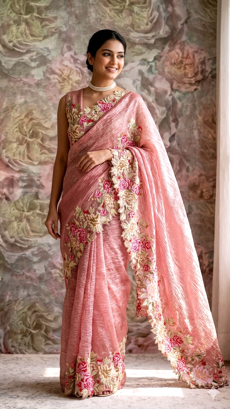 Pink Banarasi Crush Tissue Embroidery Cutwork Saree Alna Apparels