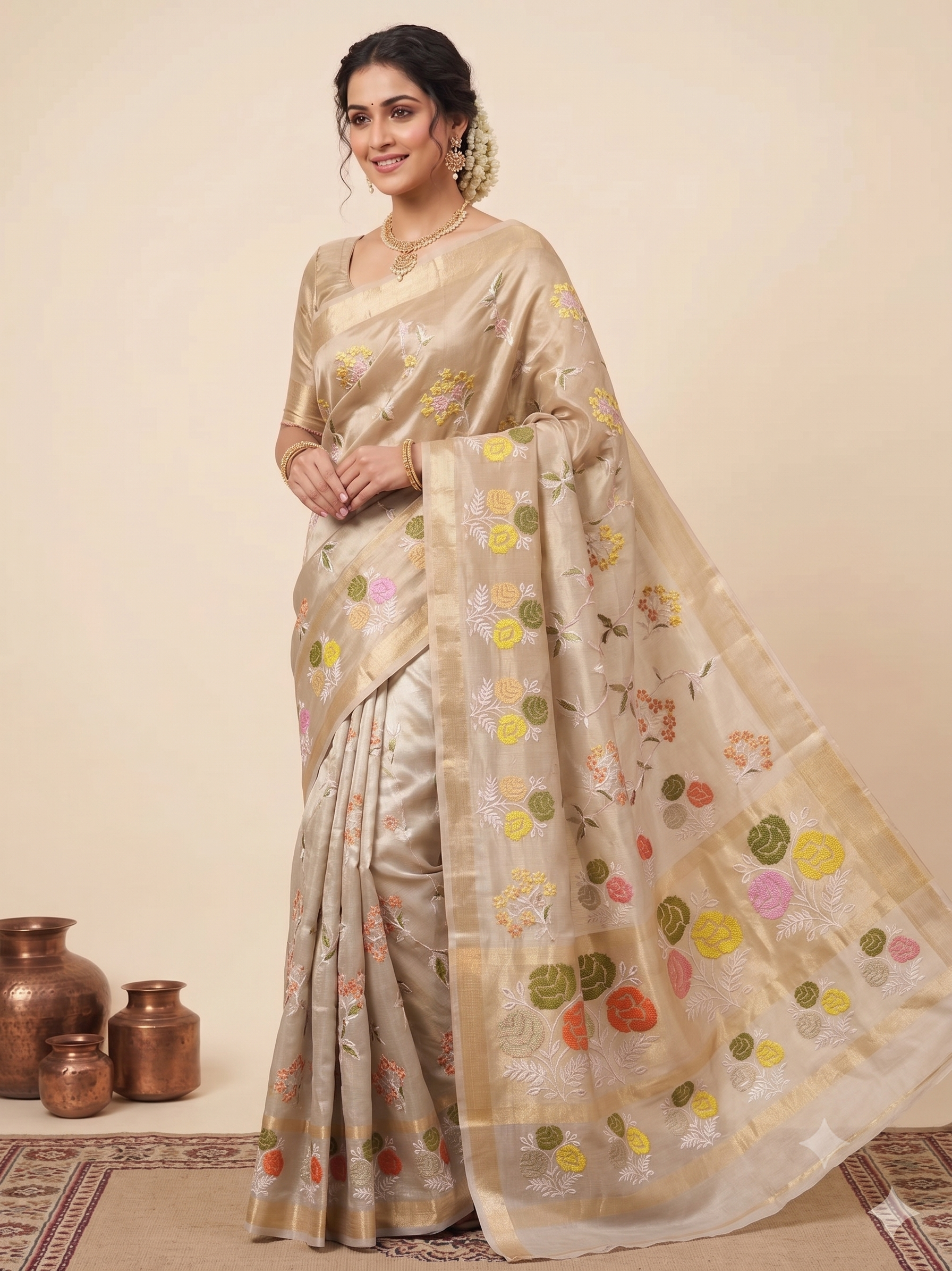 Beige Color Banarasi Embroidery Tissue Silk Saree Alna Apparels