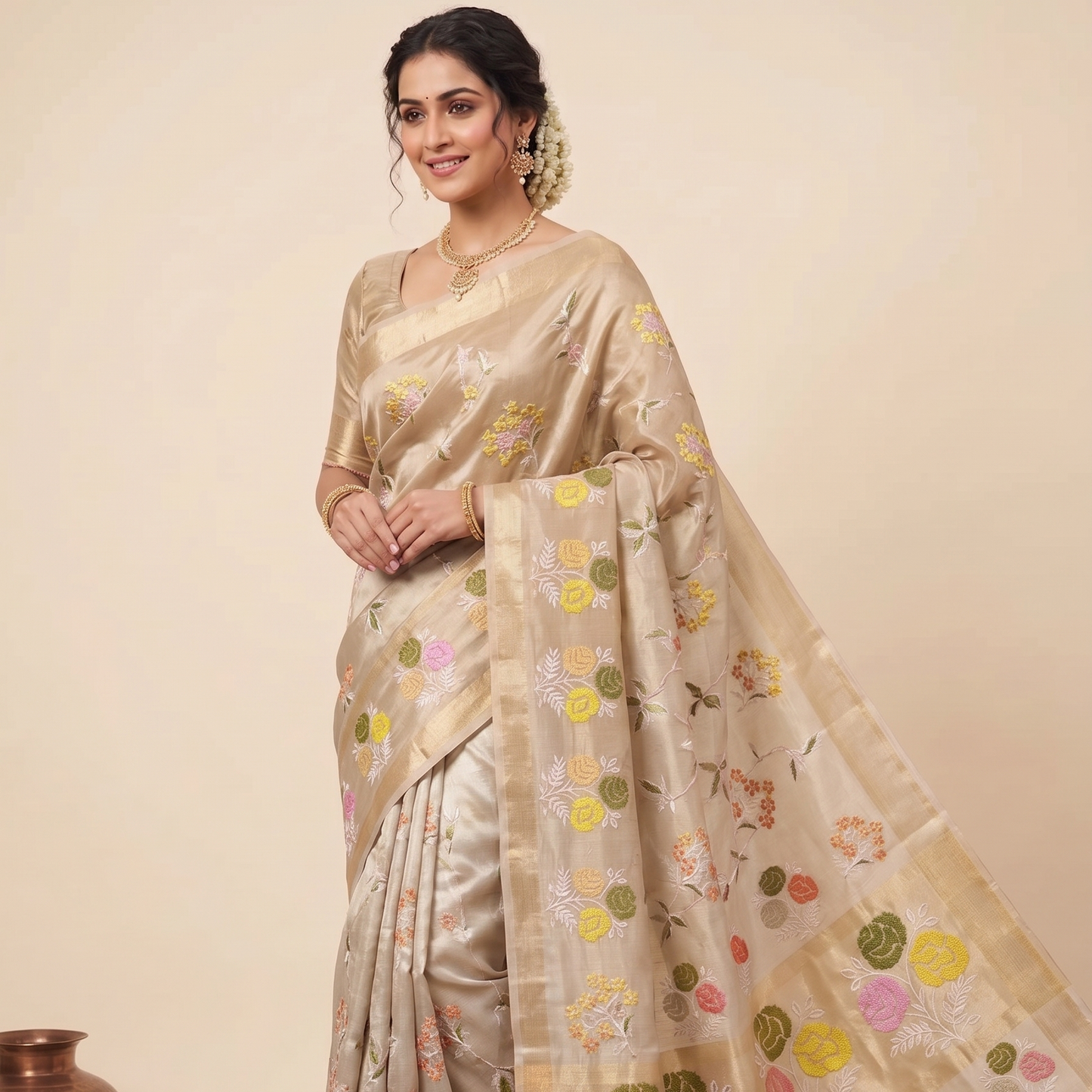 Beige Color Banarasi Embroidery Tissue Silk Saree Alna Apparels