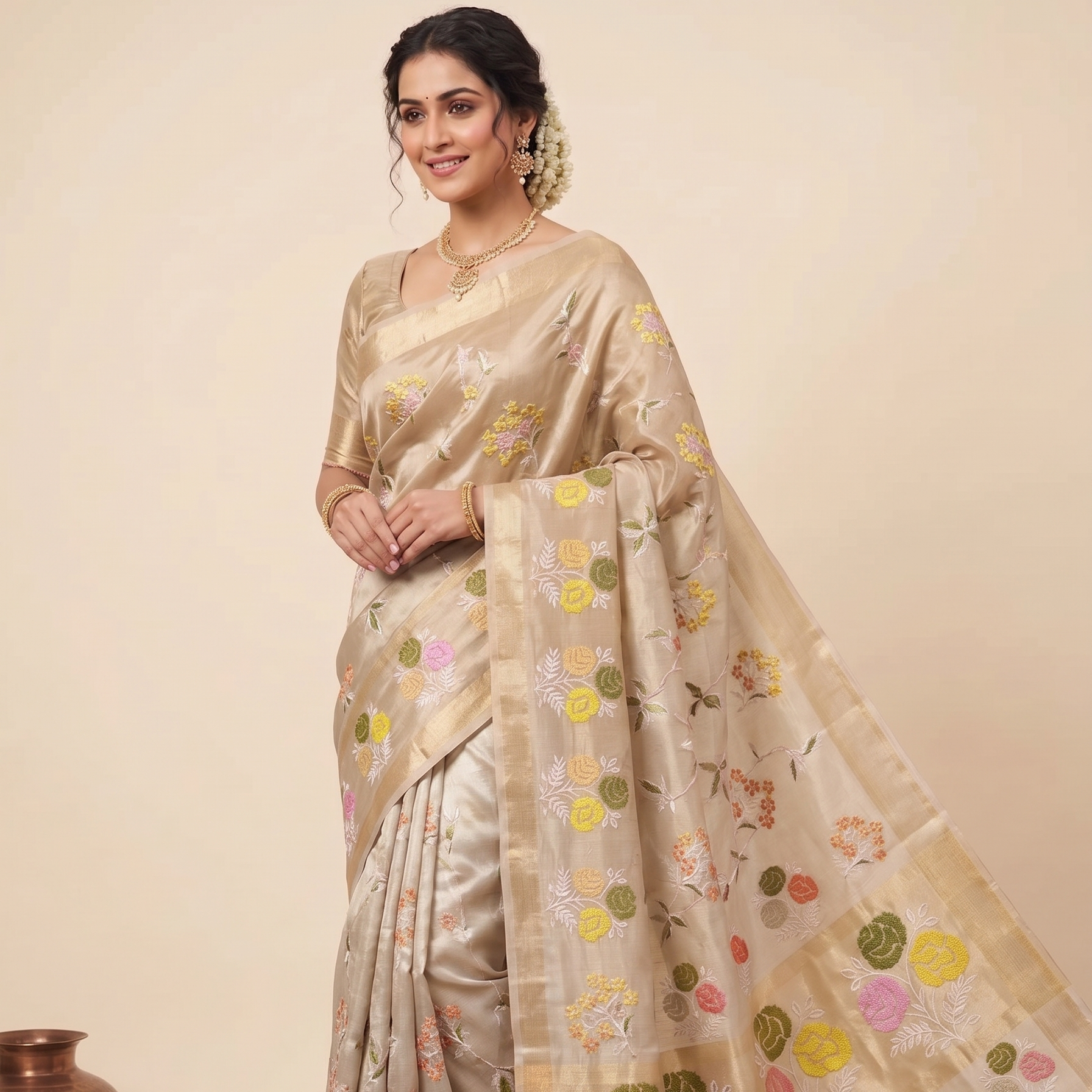 Beige Color Banarasi Embroidery Tissue Silk Saree Alna Apparels