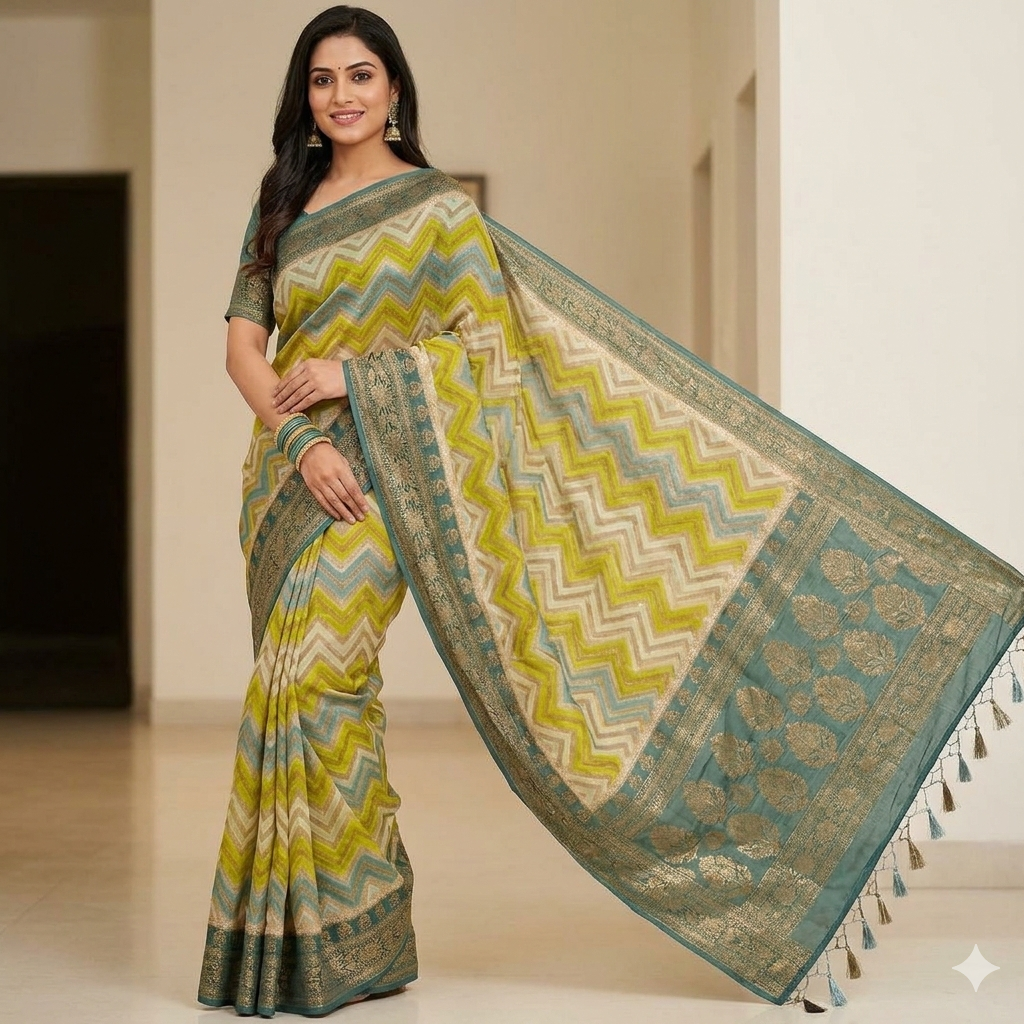 Multicolor Banarsi Semi Khaddi Kathan Handloom Georgette Silk Saree with Zig Zag Design Alna Apparels