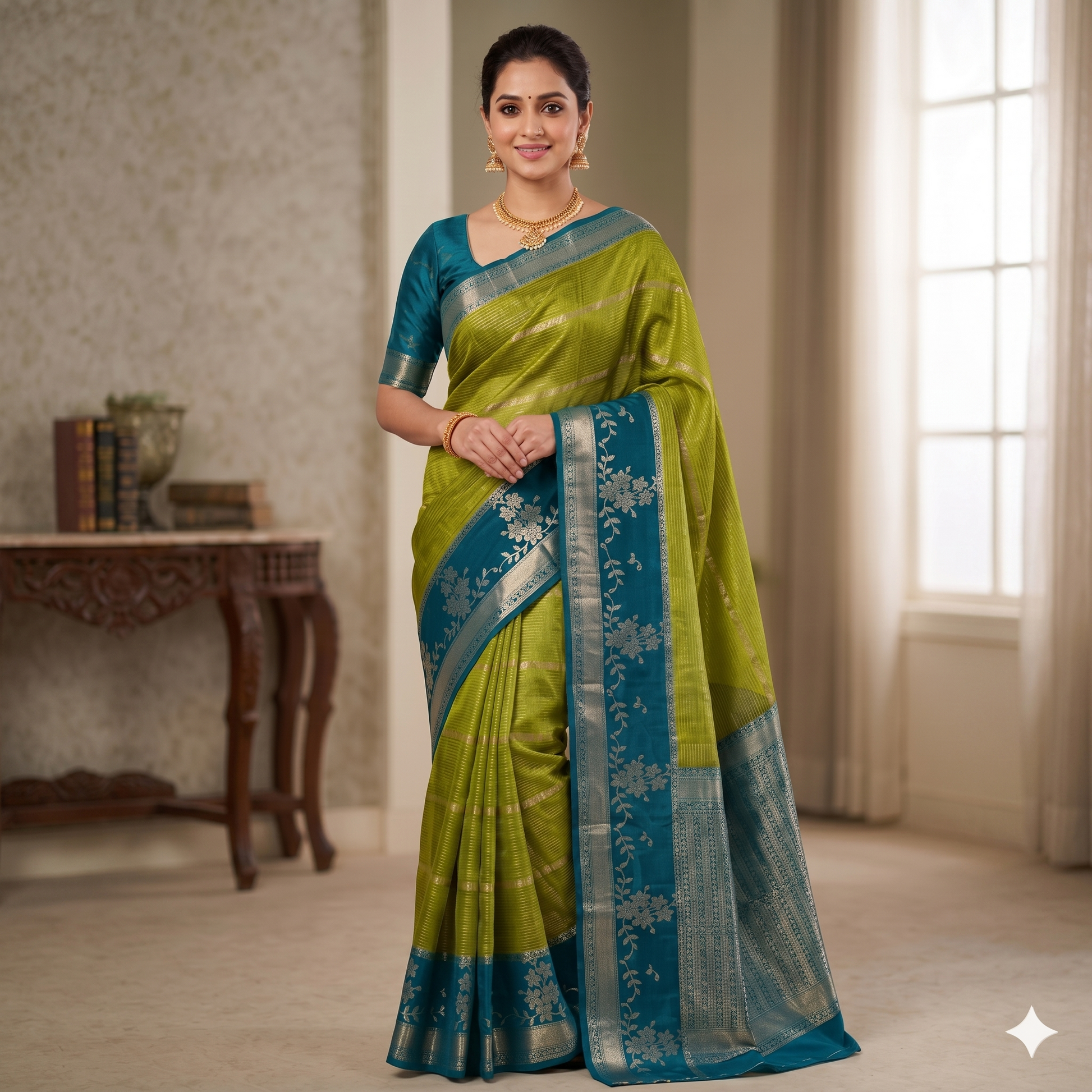 Parrot Green Color Banarasi Kathan Silk Saree Alna Apparels
