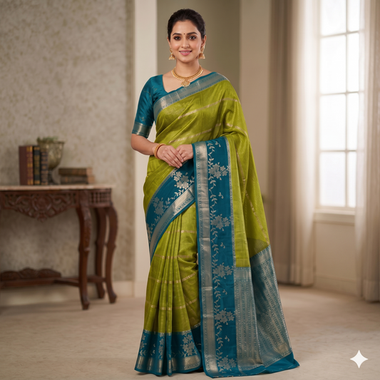 Parrot Green Color Banarasi Kathan Silk Saree Alna Apparels