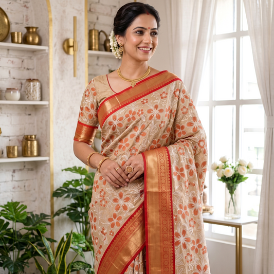 Red Banarasi Semi Silk Saree With Beautiful Embroidery Work Alna Apparels