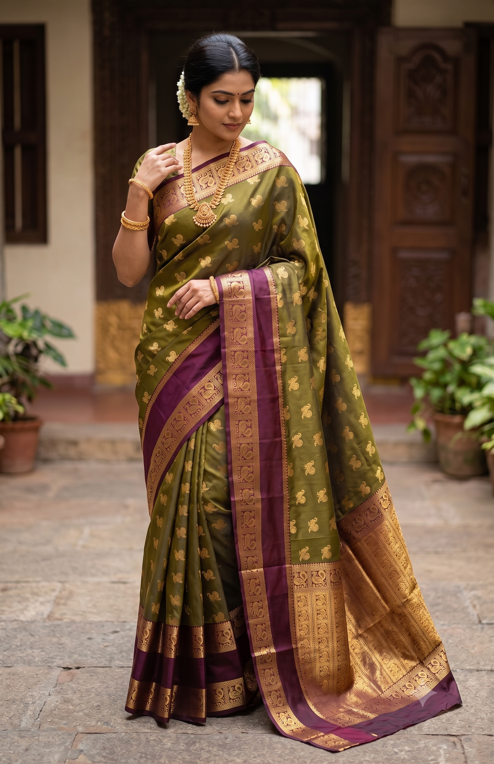 Olive green Banarasi Semi Kathan Silk Saree Alna Apparels
