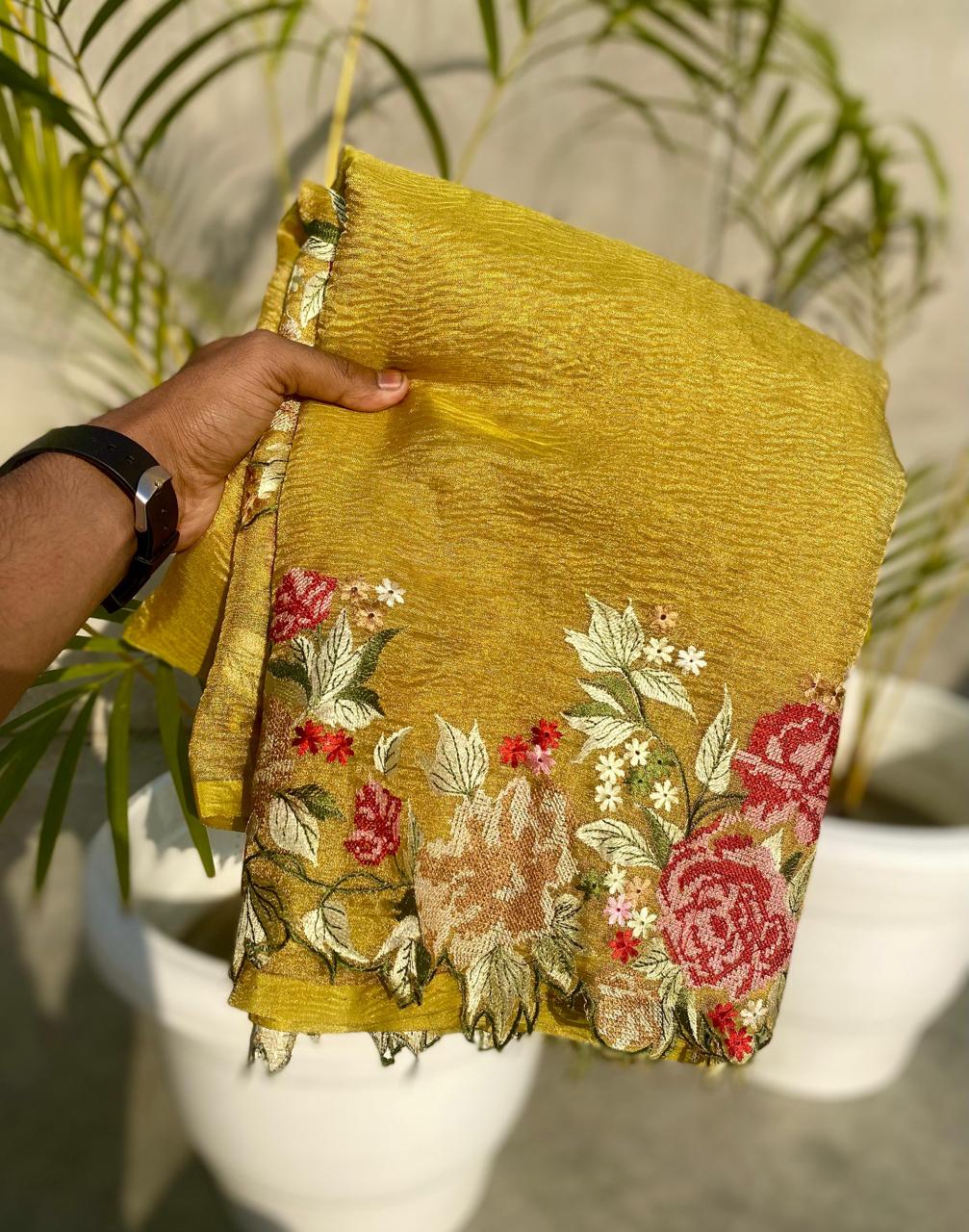 Gold Banarasi Crush Tissue Embroidery Cutwork Saree - Alna Apparels