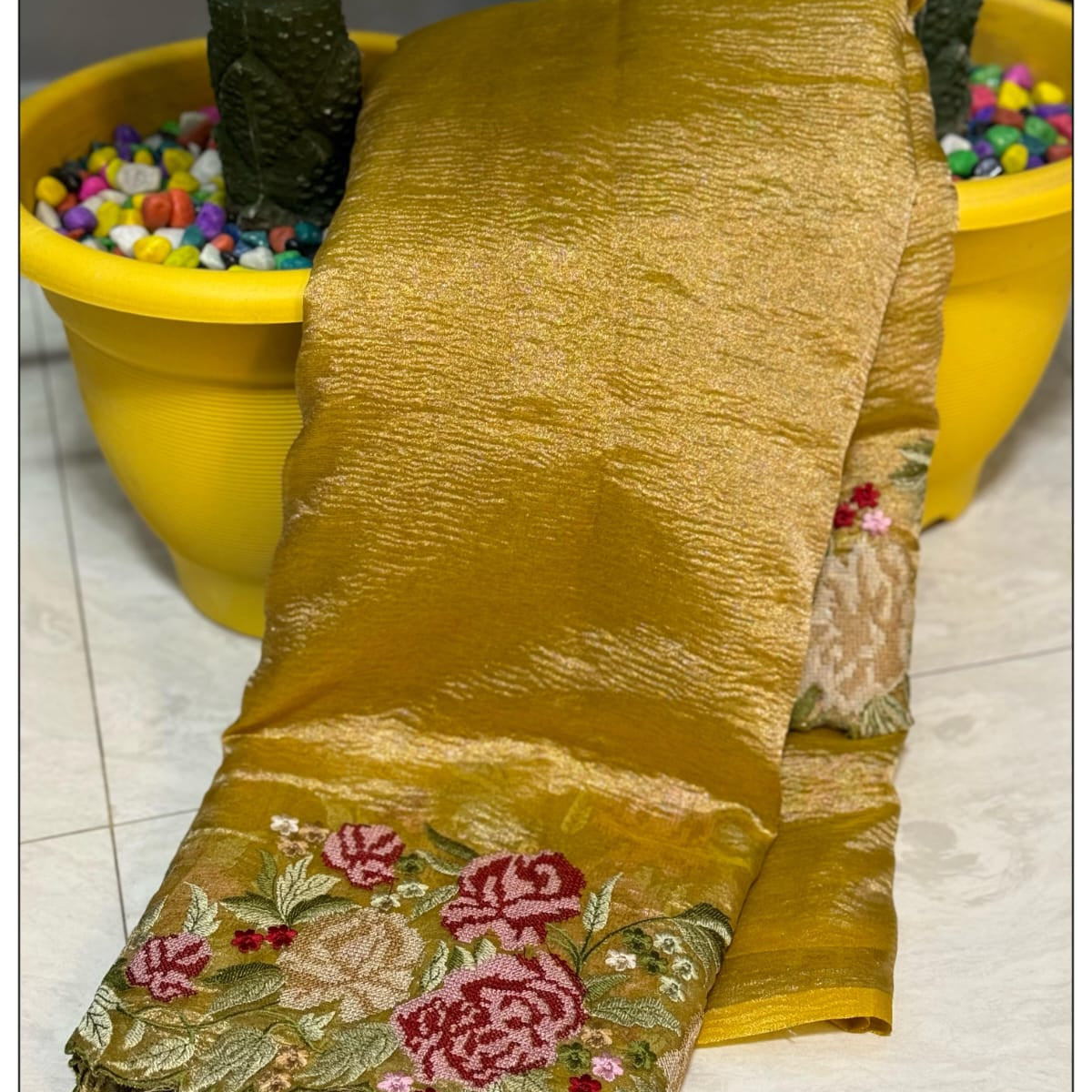 Gold Banarasi Crush Tissue Embroidery Cutwork Saree - Alna Apparels