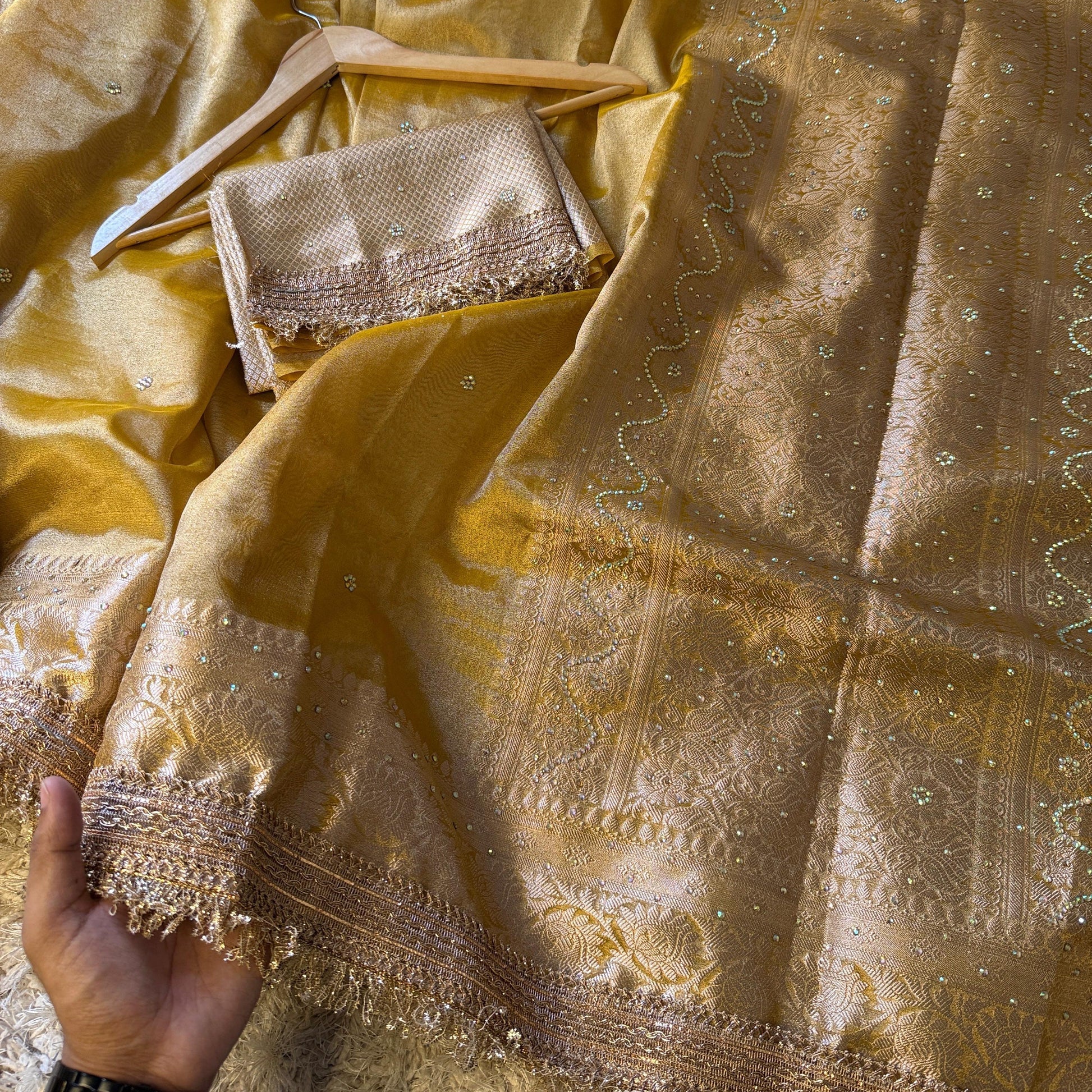 Golden Yellow Banarasi Tissue Silk Saree Classy Stone Work With Lace - Alna Apparels