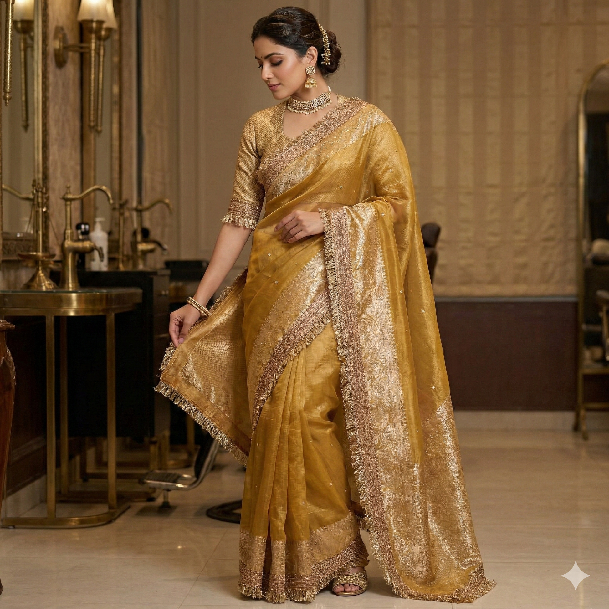 Golden Yellow Banarasi Tissue Silk Saree Classy Stone Work With Lace Alna Apparels