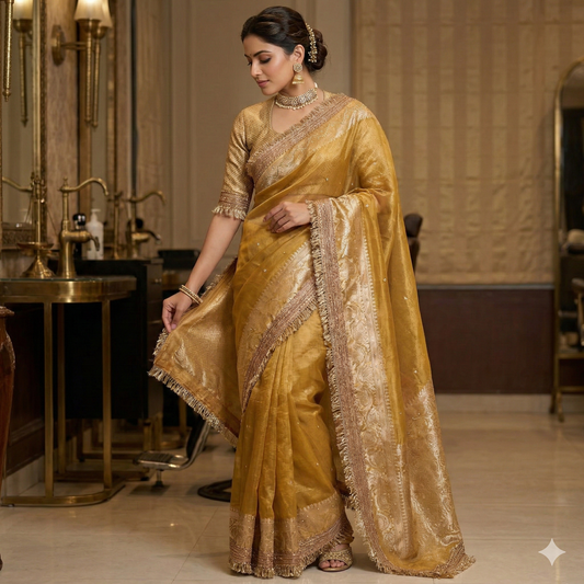 Golden Yellow Banarasi Tissue Silk Saree Classy Stone Work With Lace Alna Apparels