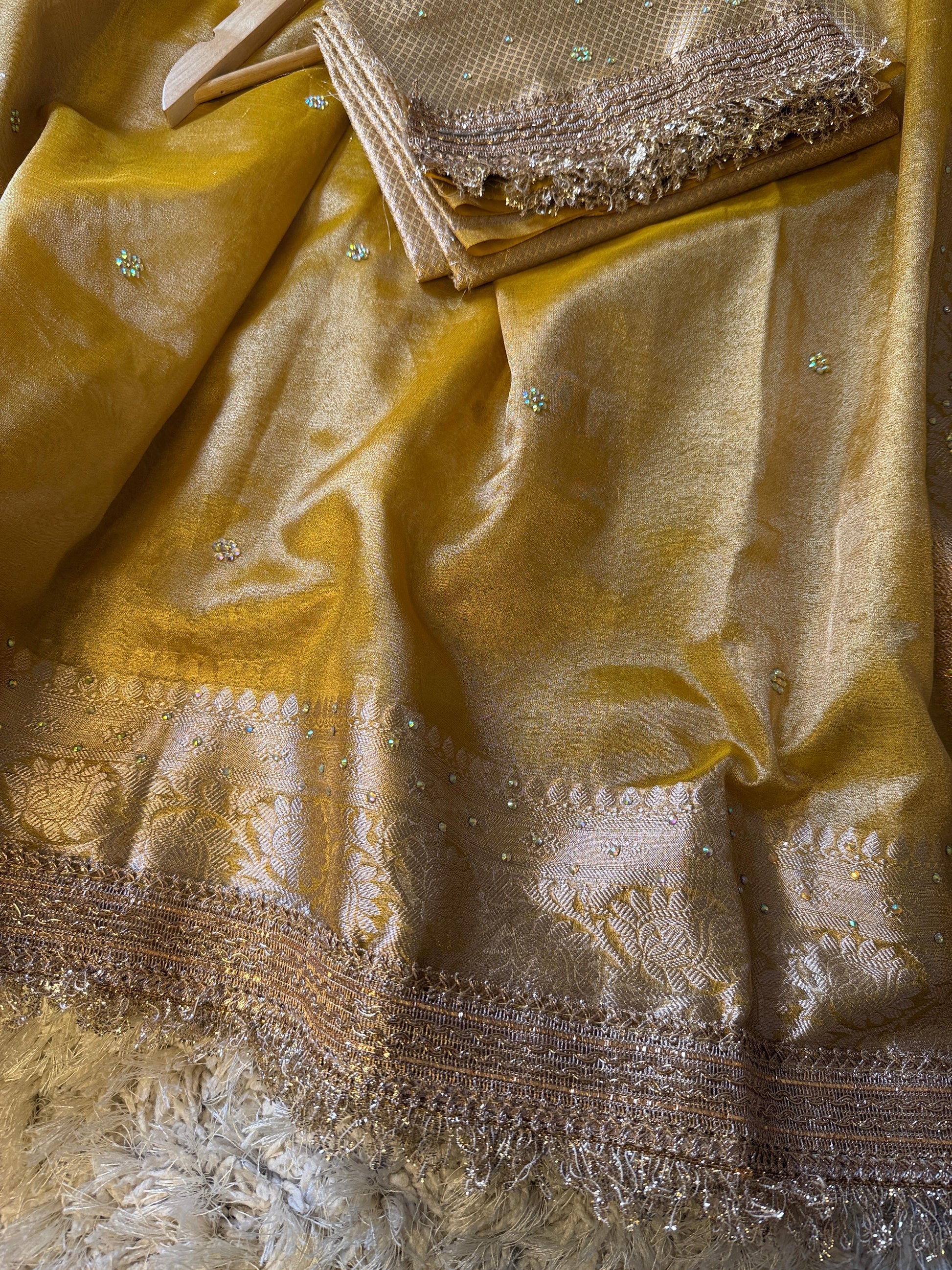 Golden Yellow Banarasi Tissue Silk Saree Classy Stone Work With Lace - Alna Apparels