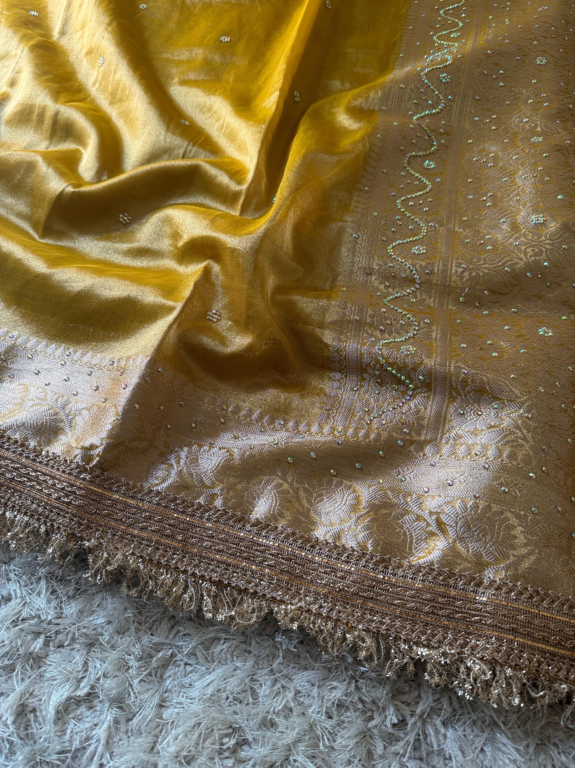 Golden Yellow Banarasi Tissue Silk Saree Classy Stone Work With Lace - Alna Apparels