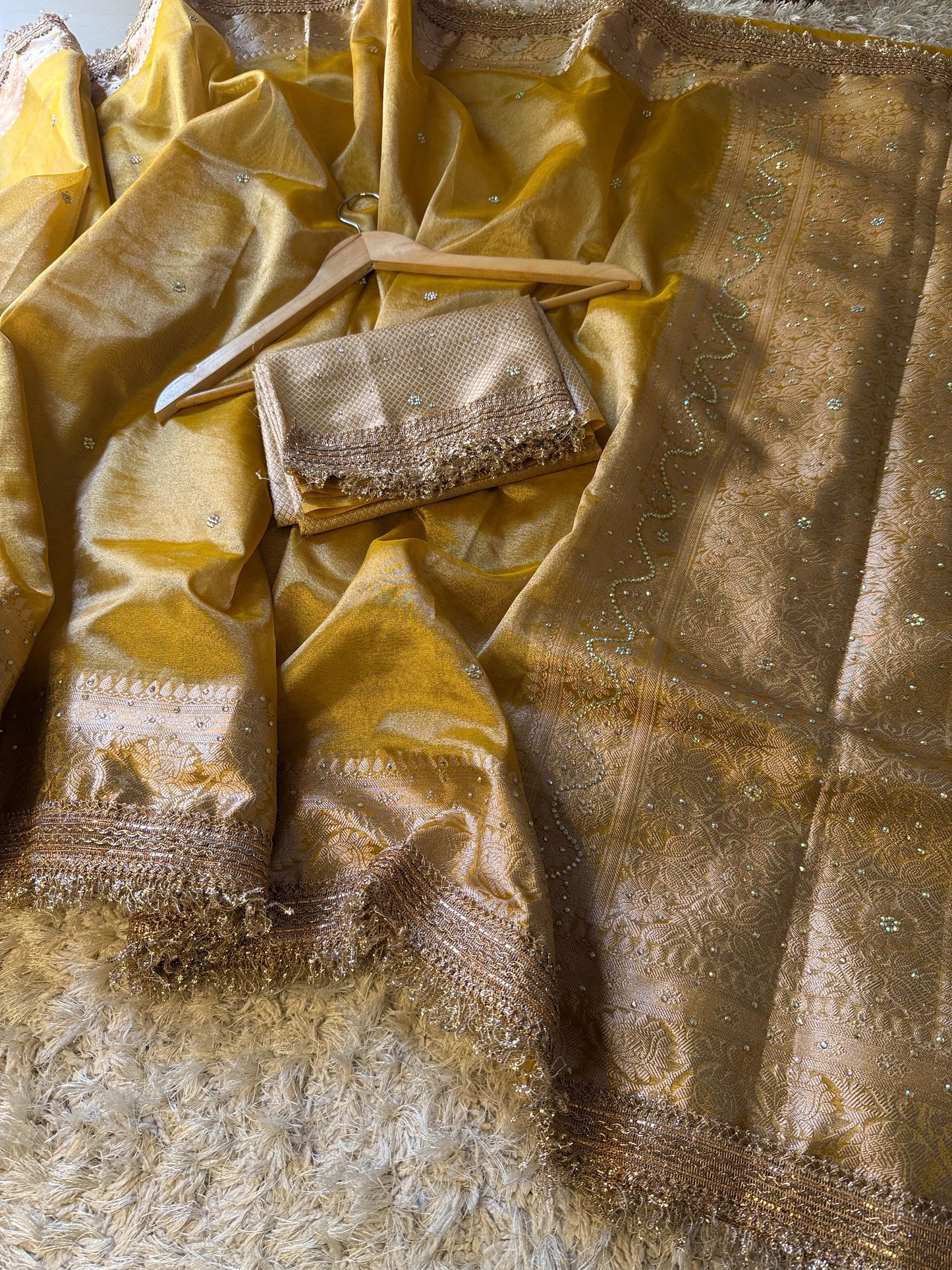 Golden Yellow Banarasi Tissue Silk Saree Classy Stone Work With Lace - Alna Apparels